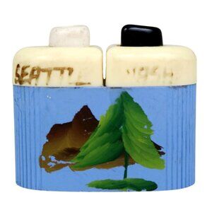 Carvanite Push‑Button Salt & Pepper Shaker, Seattle Souvenir, 1940s–50s